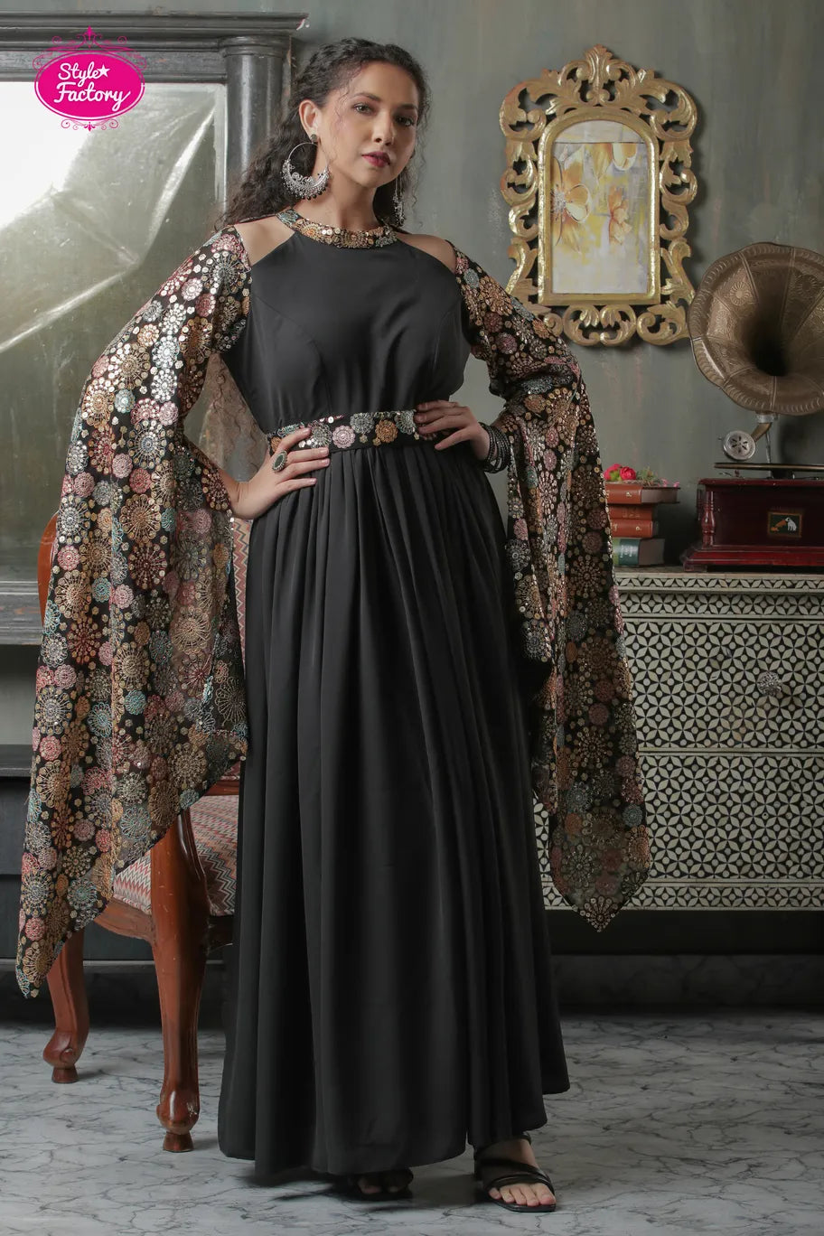 Black Anarkali Stylish Gown with Multicolor Thread Work